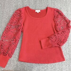 Anneliese Red Ribbed Knit Top Crochet Lace Balloon Sleeve Womens Large